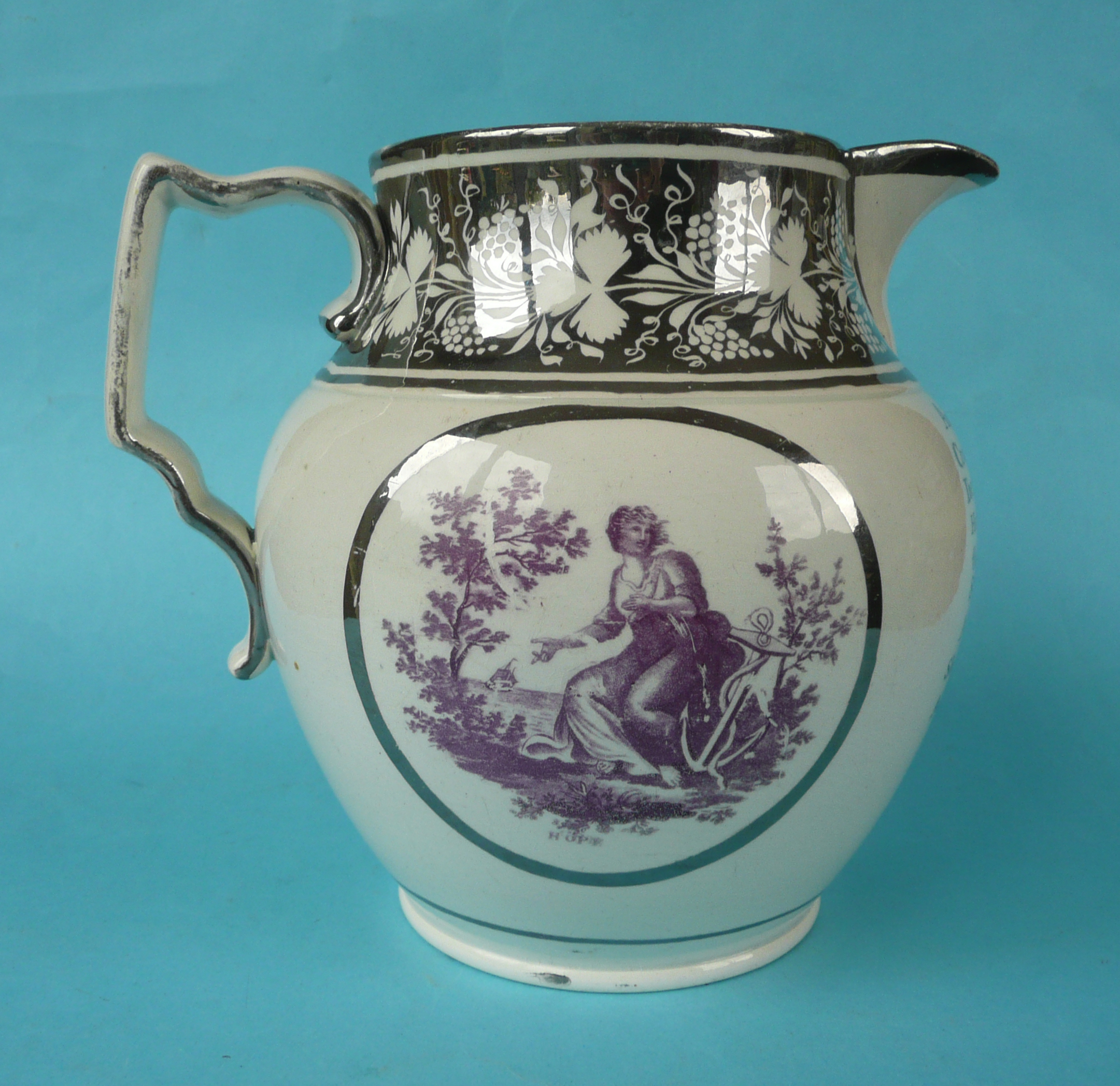 Wellington: a silver lustre jug printed in purple with panels entitled ‘Hope’ and ‘Charity’ - Image 3 of 3