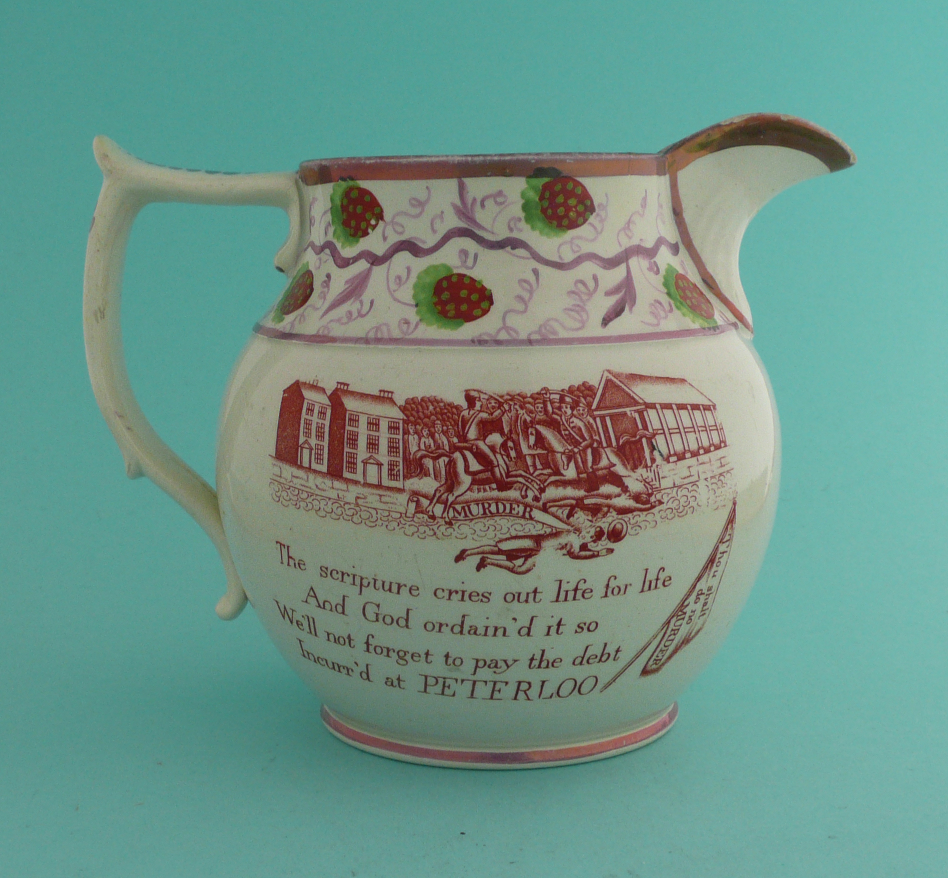 1819 Henry Hunt and Peterloo: a pink lustre jug printed in rouge-de-fer with a named portrait (of - Image 2 of 4