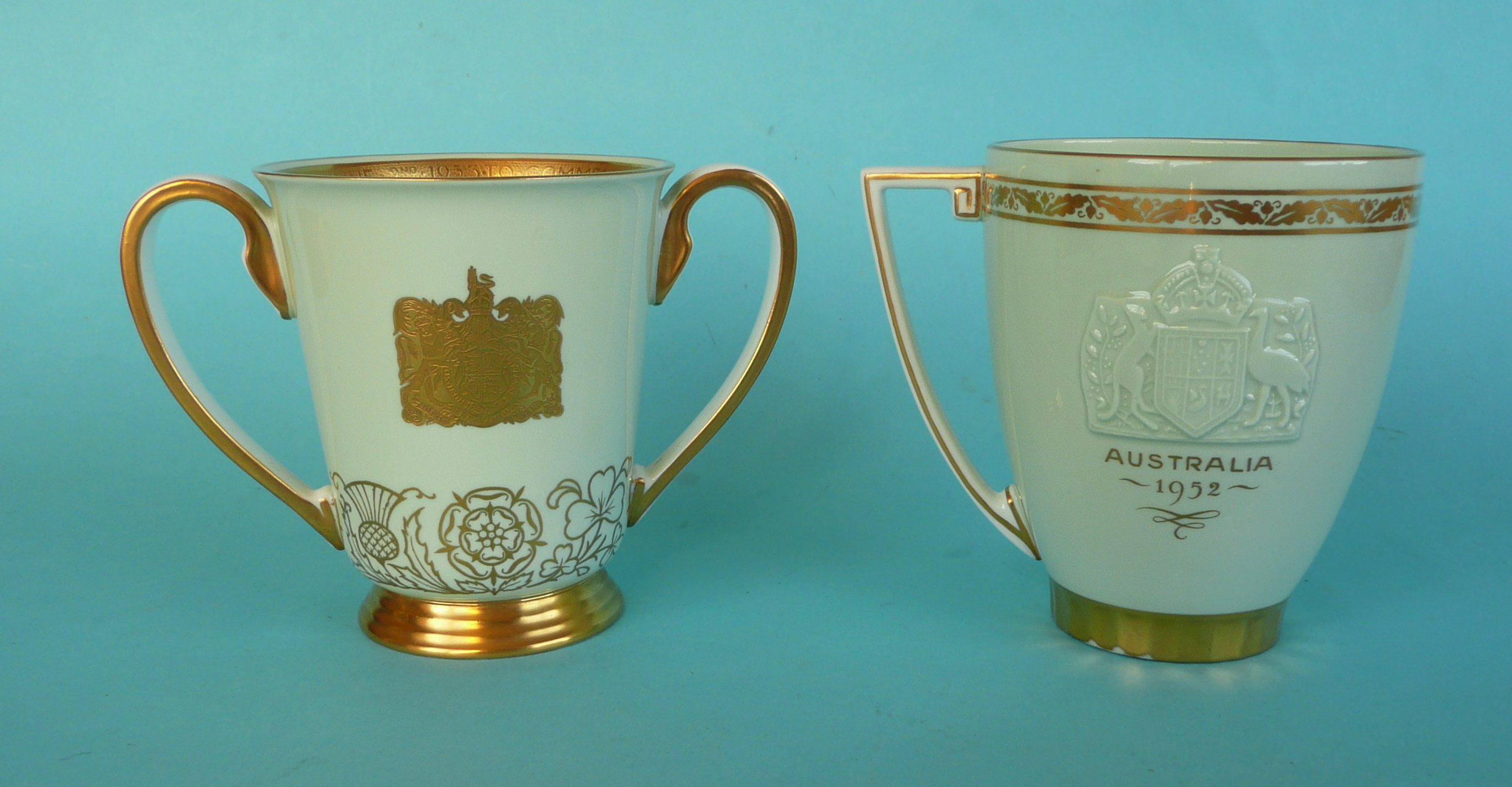 A Minton pale green ground loving cup for 1953 coronation and a similar rare mug for the 1952 - Image 2 of 3