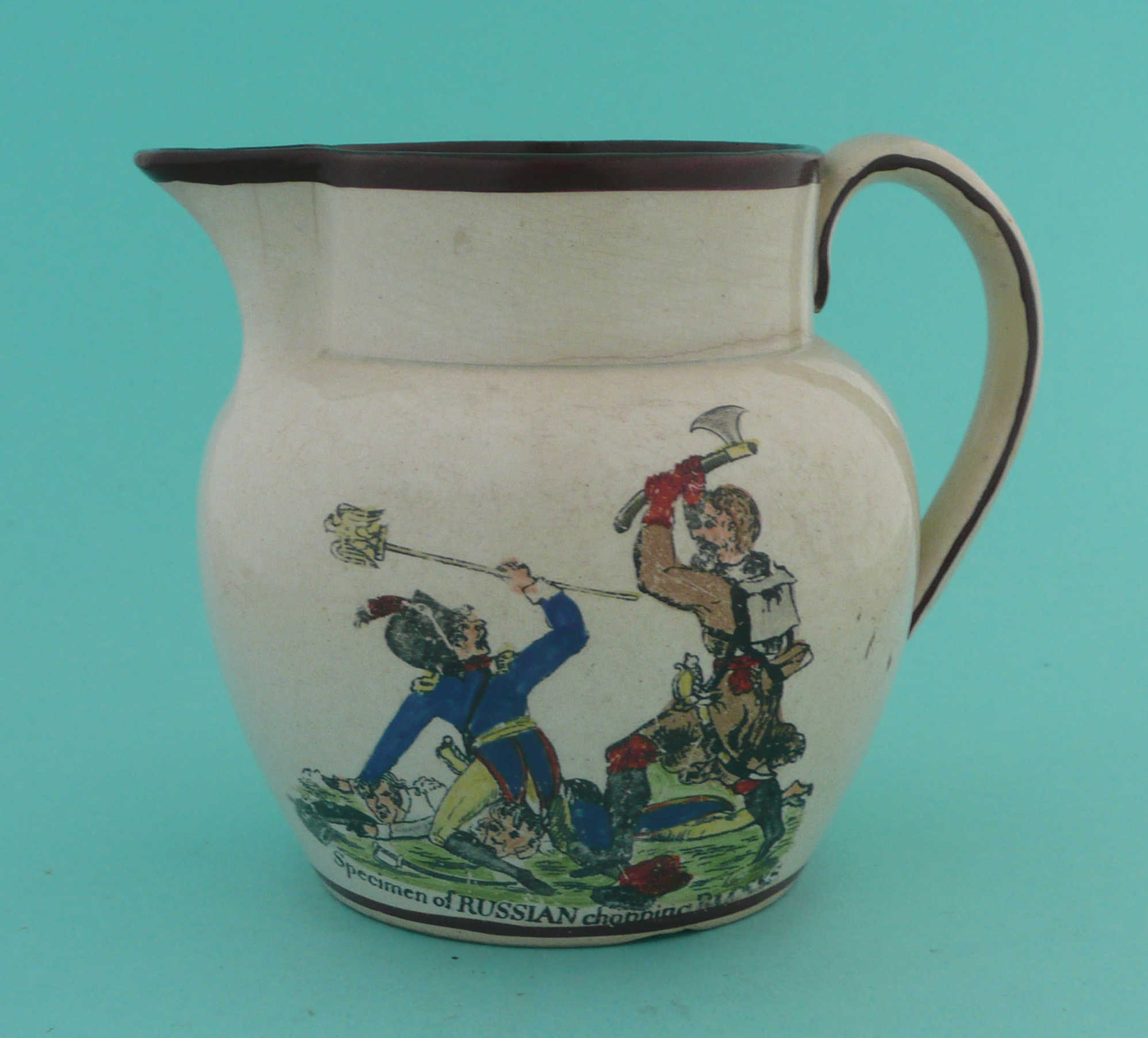 1812 Napoleon’s Russian Campaign: a colourful pearlware jug with scenes entitled ‘Specimen of