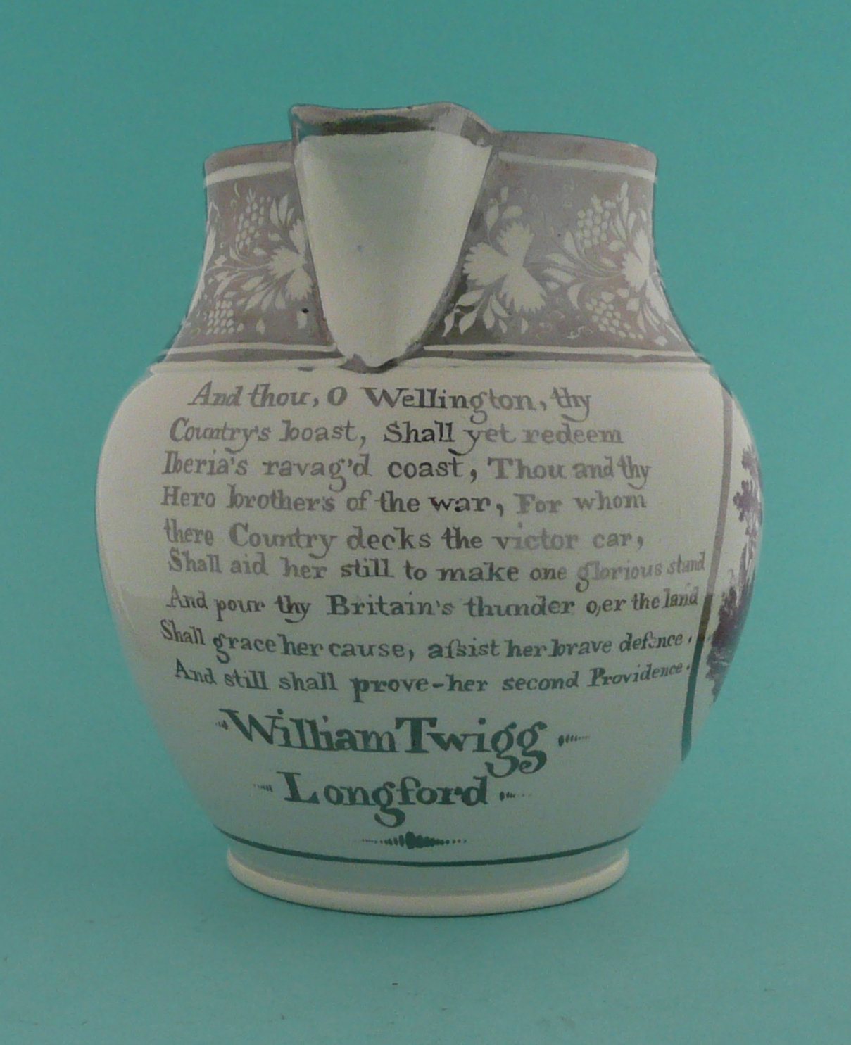 Wellington: a silver lustre jug printed in purple with panels entitled ‘Hope’ and ‘Charity’