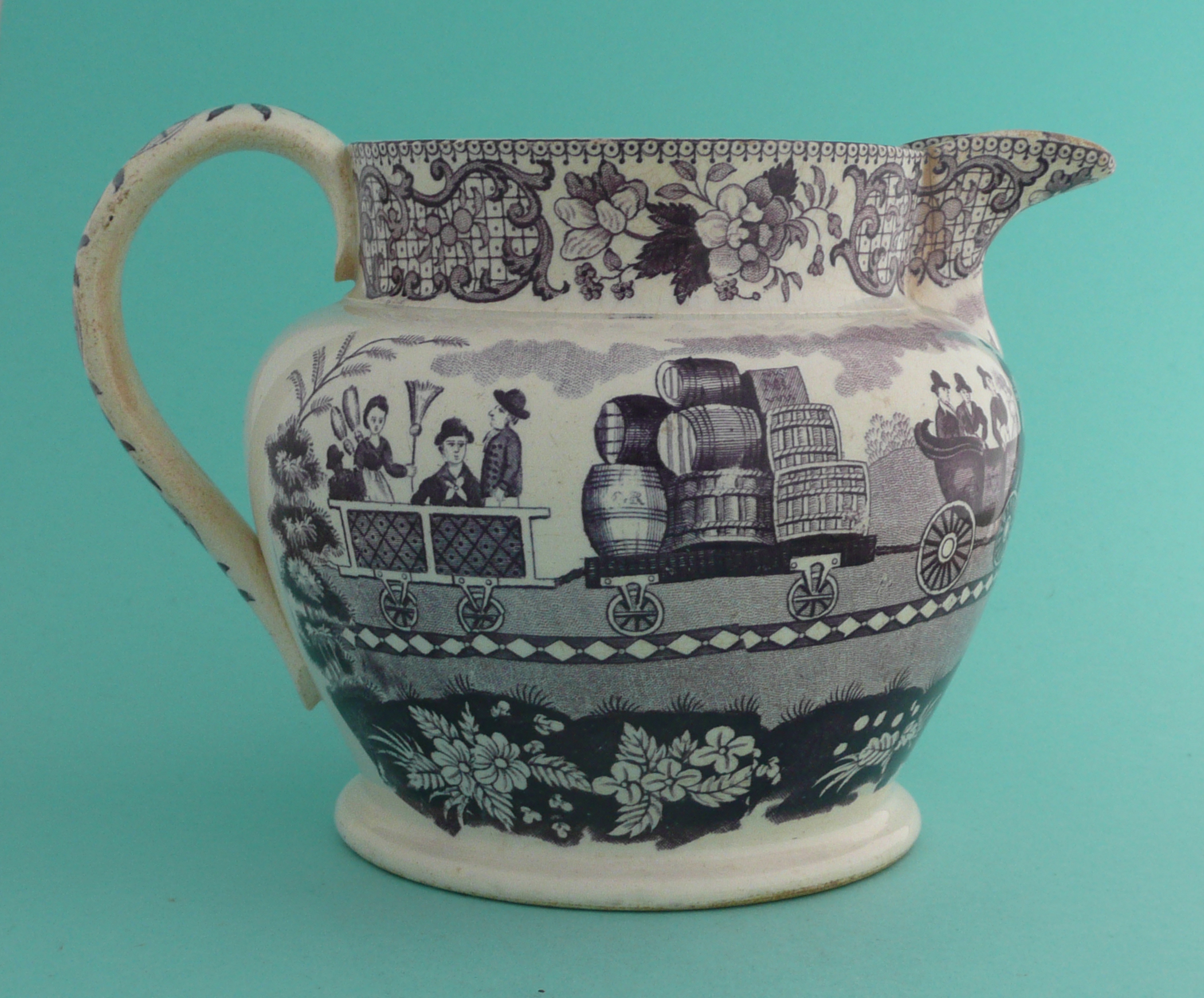 Liverpool and Manchester Railway: a pottery jug printed in purple with a view of the entrance and on - Image 2 of 5
