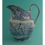 Victoria: a pottery jug printed in blue with a scene entitled ‘Victoria Review’, circa 1860,