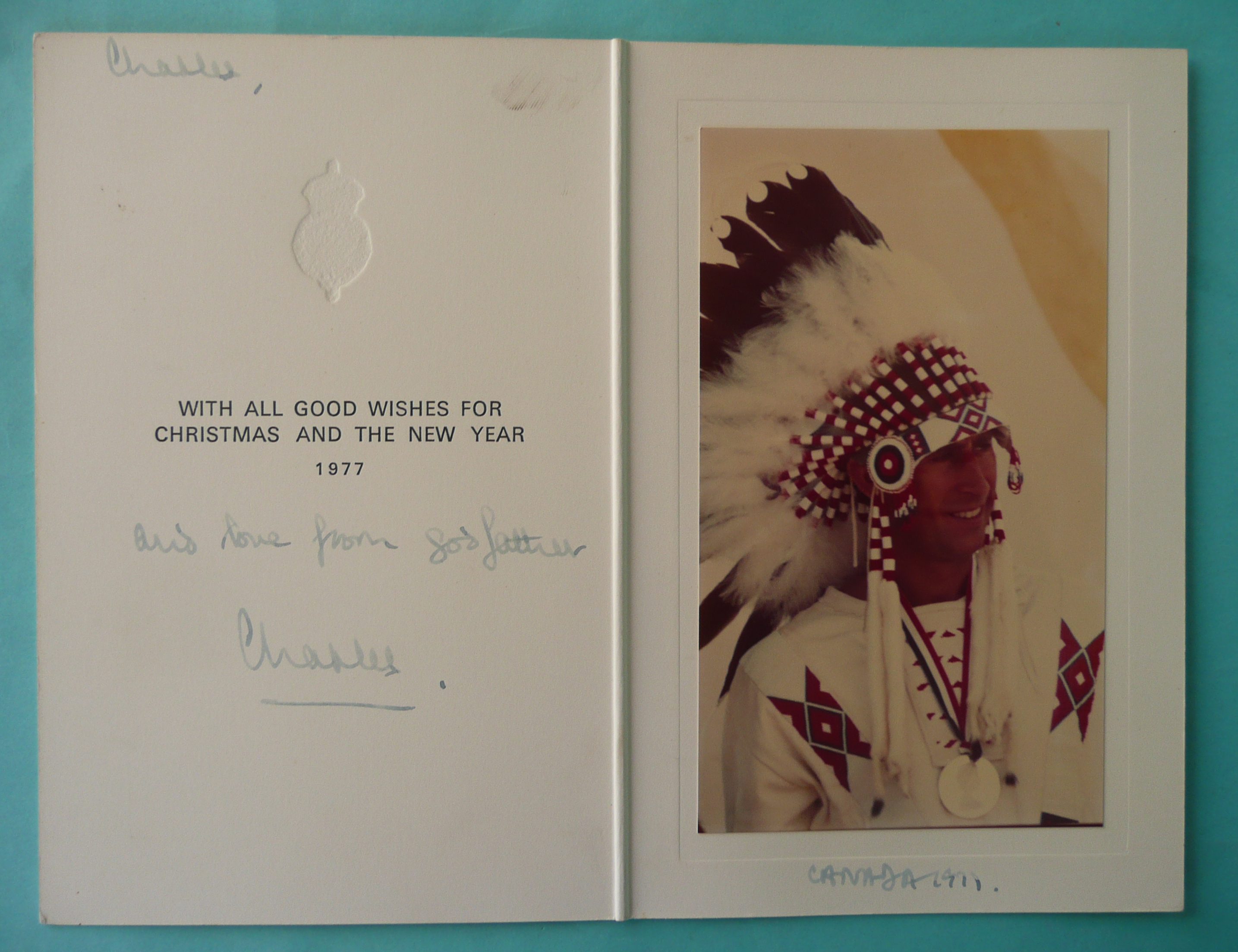 1977 Prince of Wales: a particularly interesting ink hand-signed Christmas card affixed with a - Image 2 of 3