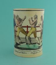 1788 Prize Fighters Humphries and Mendoza: a creamware mug printed in black and enamelled in colours
