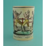 1788 Prize Fighters Humphries and Mendoza: a creamware mug printed in black and enamelled in colours