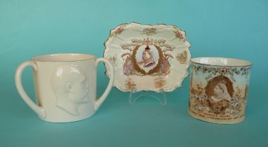 1897 Jubilee: an Aynsley for Whiteley moulded porcelain mug with gilded decoration, an Aynsley