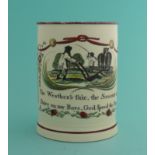 God Speed the Plow (sic): a good creamware mug printed in black and enamelled in colours with an