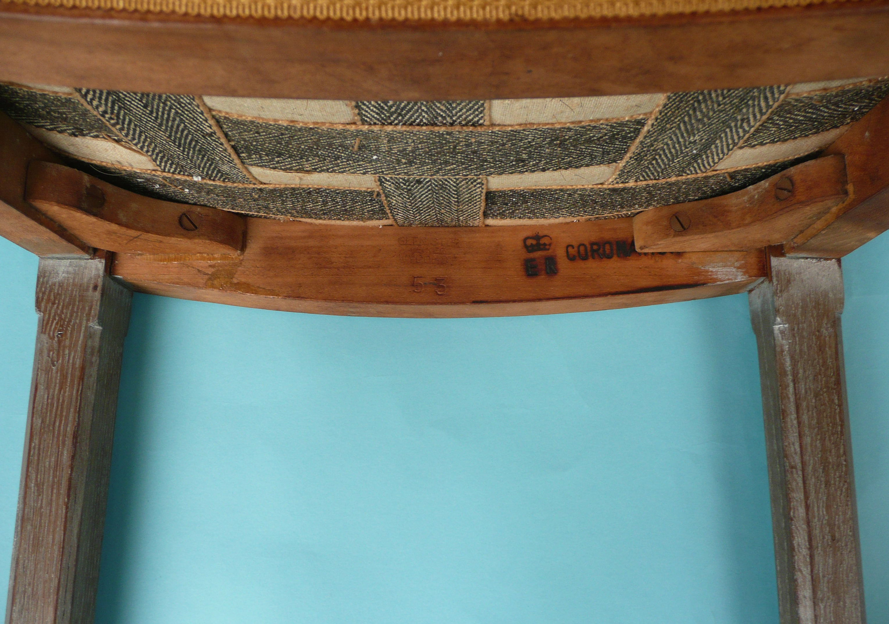 1953 Coronation: a limed oak and blue upholstered coronation stool by Glenster, very original - Image 5 of 5