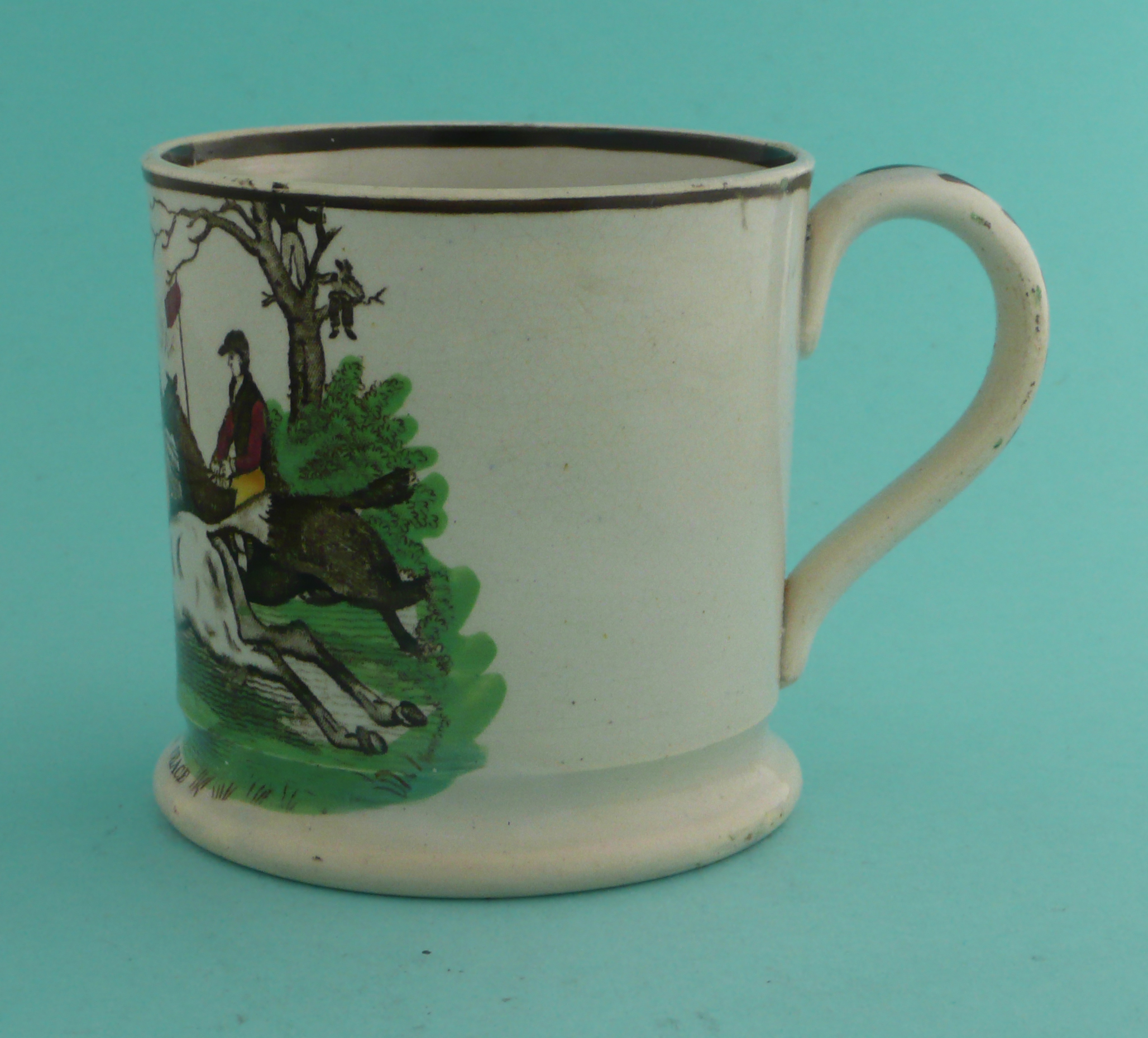 Steeple Chasing: a pottery mug printed in brown and enamelled in colours with an inscribed scene, - Bild 2 aus 4