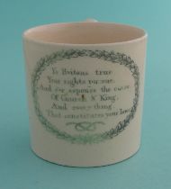 George III: a small pearlware mug printed in green with loyal verse, circa 1809, 62mm. (