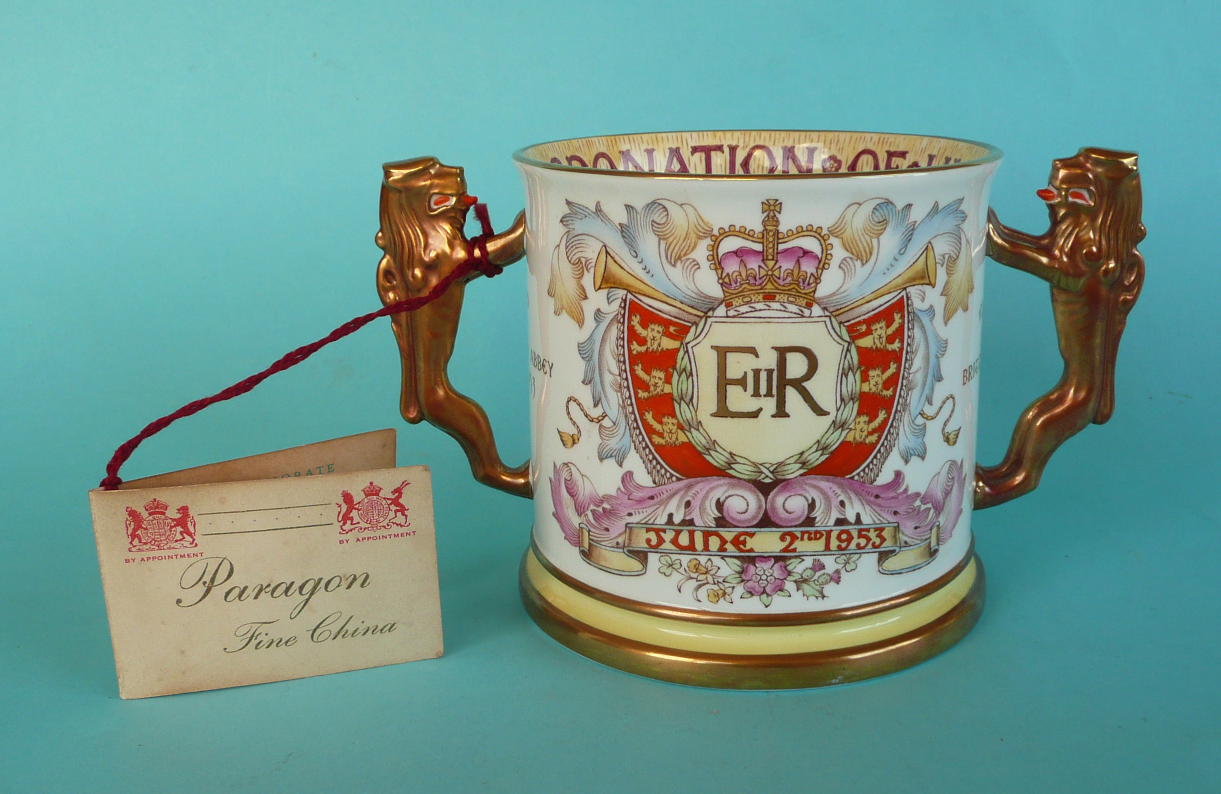 1953 Coronation: a Paragon loving cup complete with numbered tag, 115mm. (commemorative,