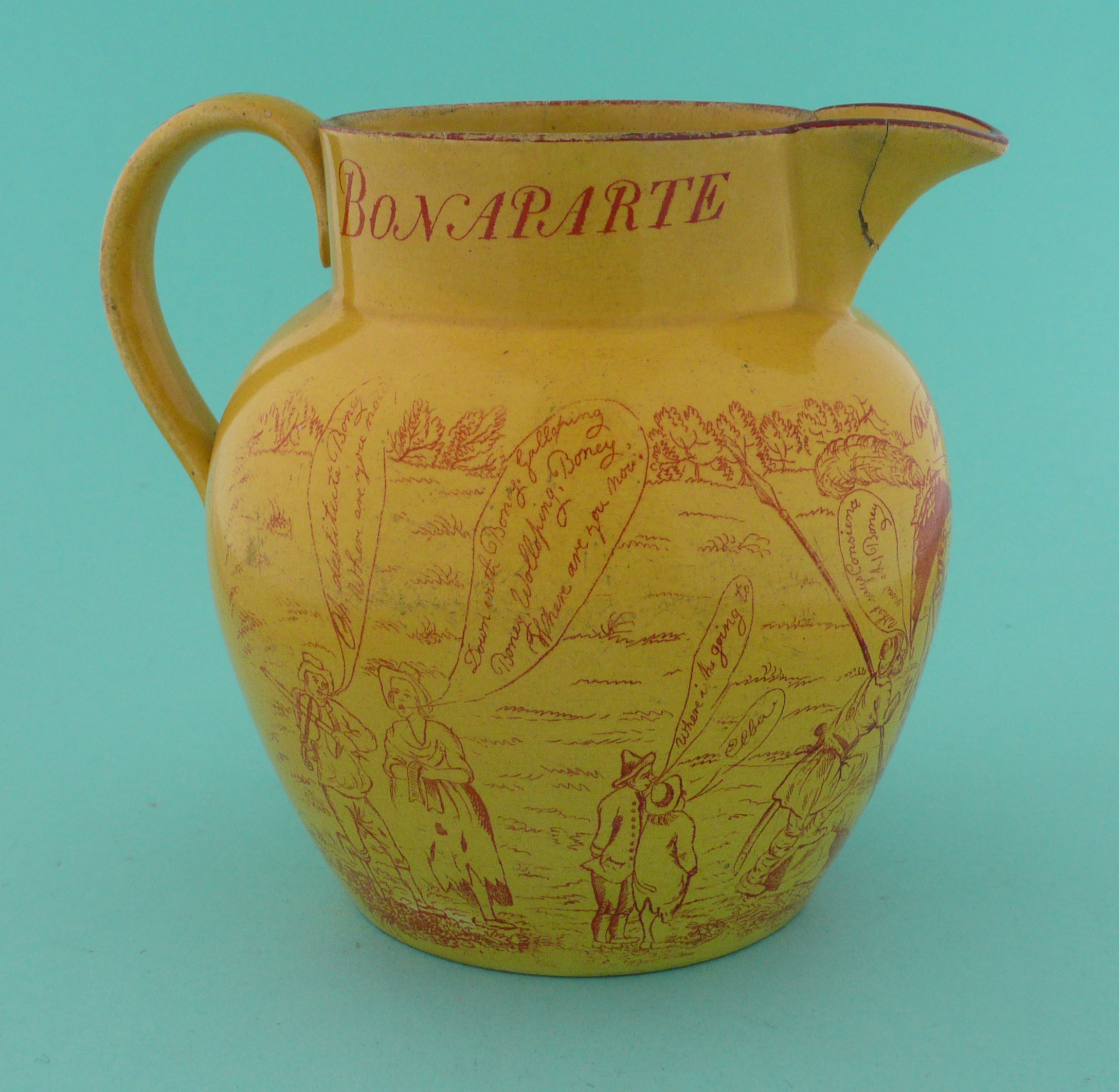 1814 Napoleon’s Abdication: a yellow ground jug printed in rouge-de-fer with an extensive titled - Image 2 of 5