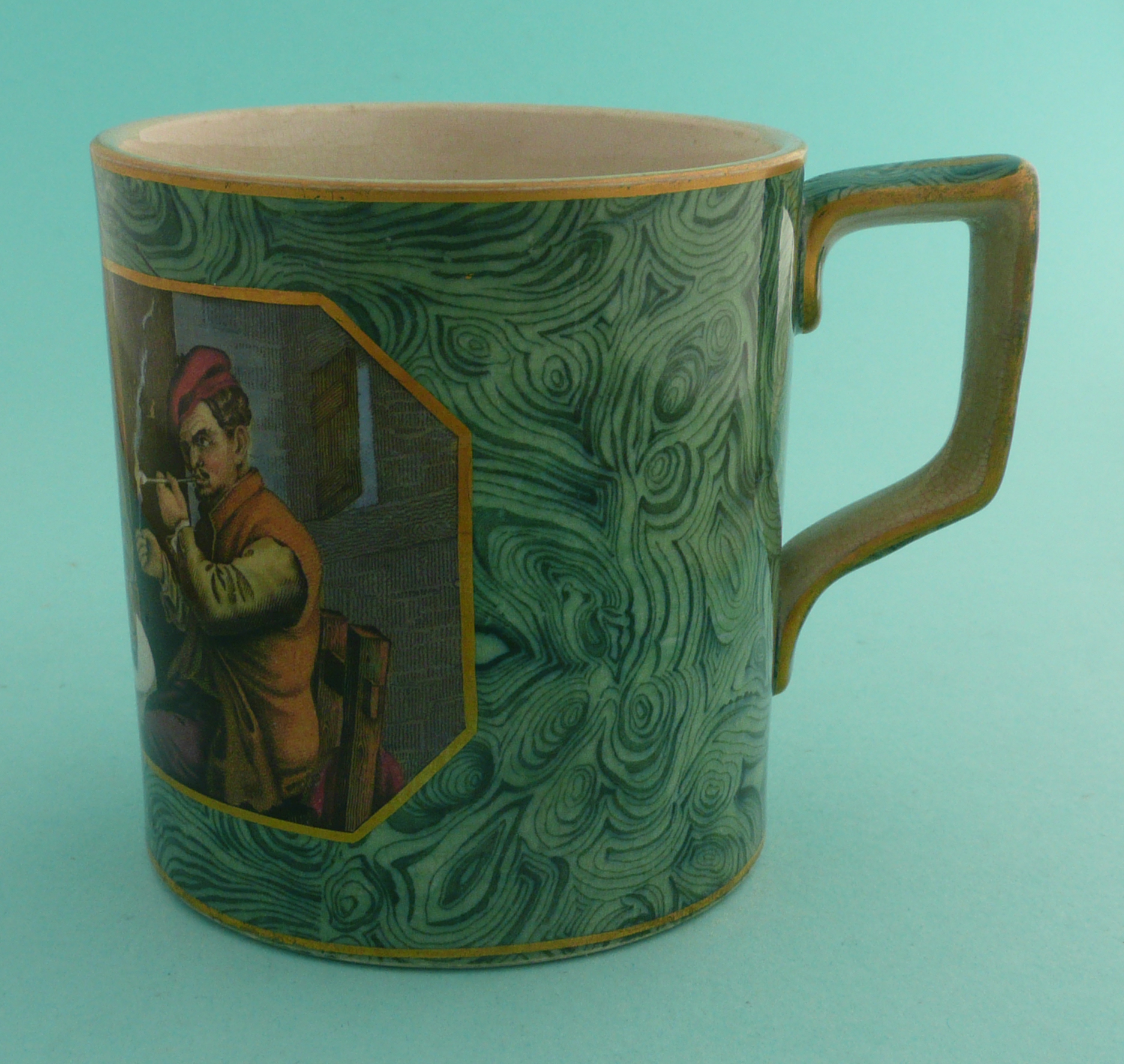 A good small malachite ground mug; The Smokers (405) 87mm. (potlid, pot lid, Prattware, - Image 2 of 4