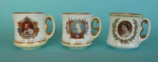 Three Royal Doulton porcelain mugs with initialled handles for Edward VIII, George VI and