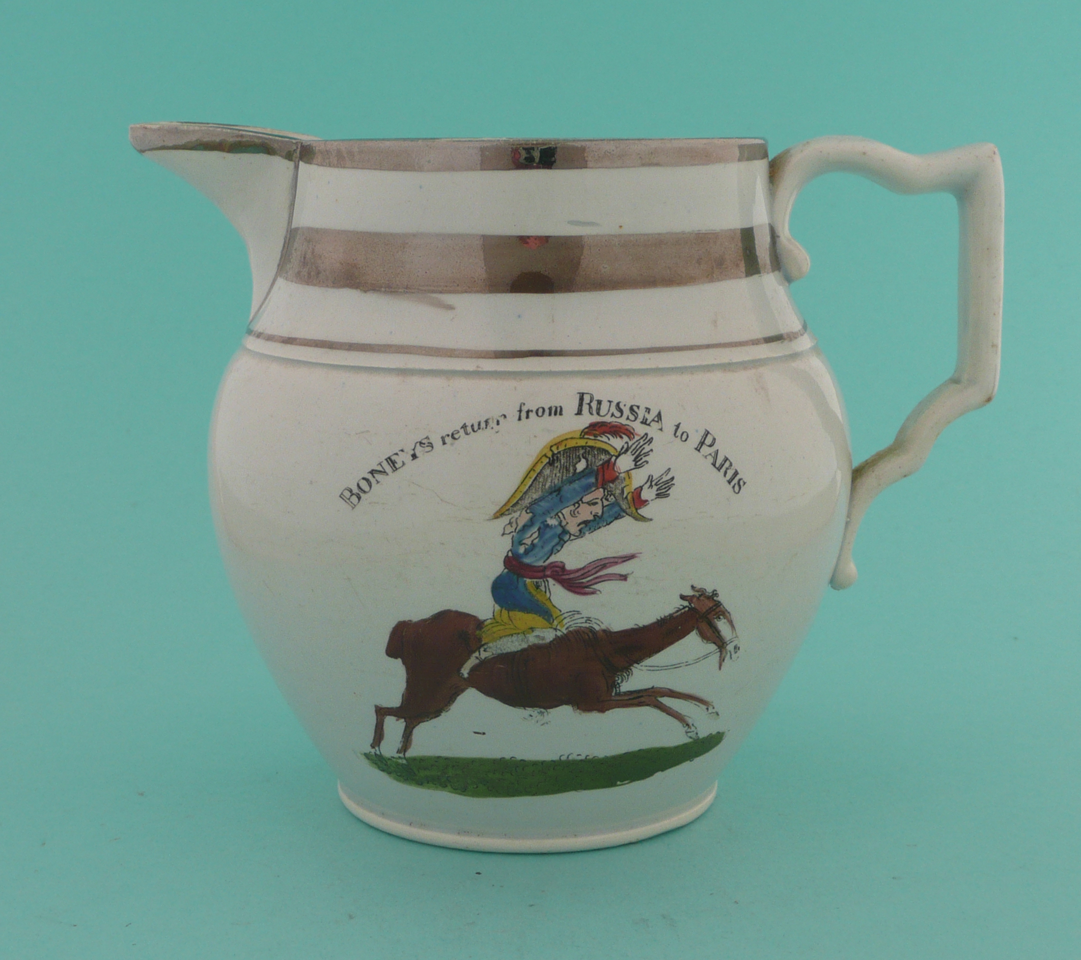 1812 Napoleon Flees Russia: a good pearlware silver lustre jug with cartoon entitled ‘Boneys