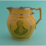 1810 Sir Francis Burdett: a yellow pottery jug banded in lustre and printed in grey with an