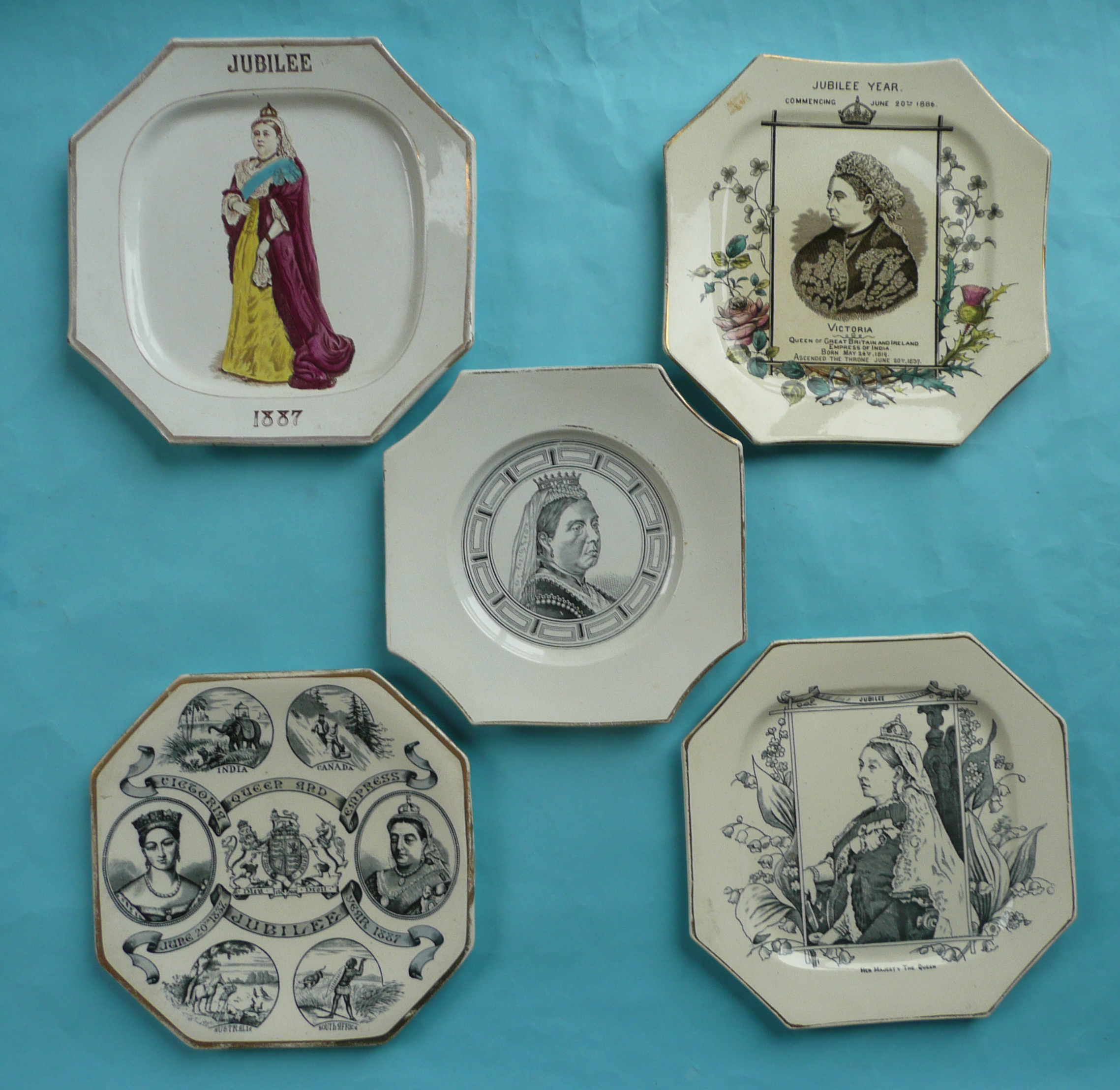 1887 Jubilee: an octagonal plate with colourful full-length portrait and four others (5). *