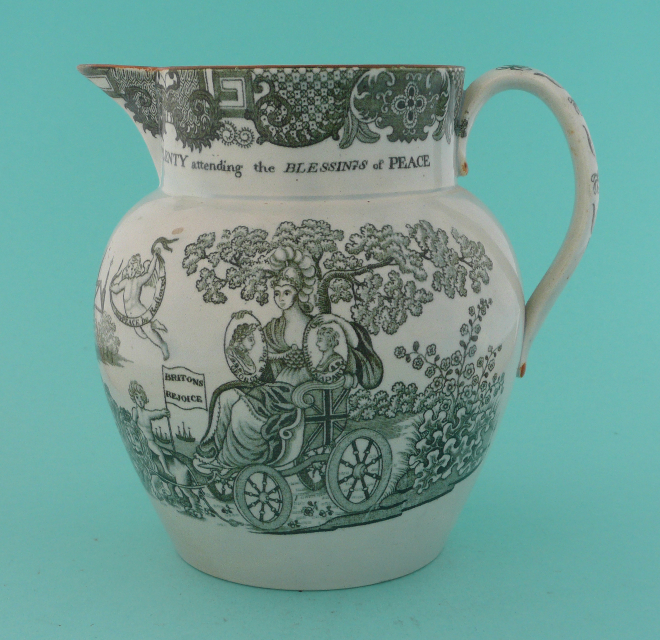 1814 Peace of Paris: a pearlware jug printed in grey with scenes of Britannia and Peace, 149mm,