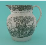 1814 Peace of Paris: a pearlware jug printed in grey with scenes of Britannia and Peace, 149mm,