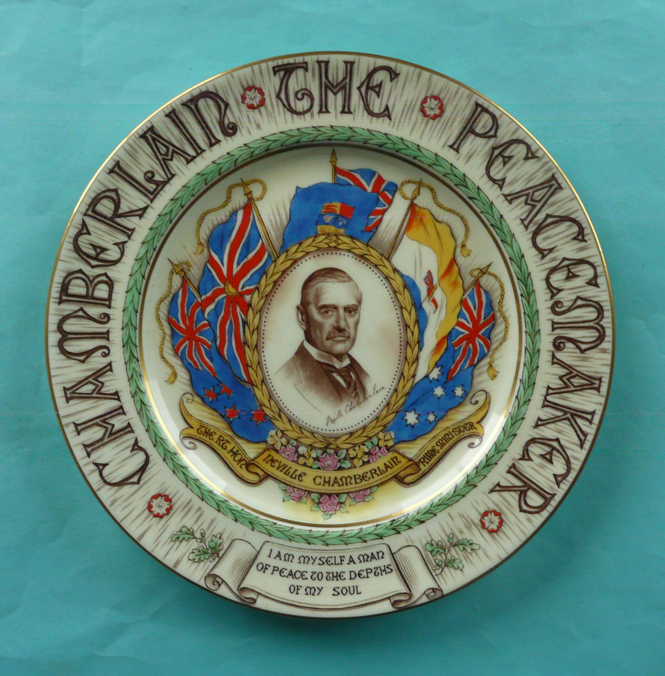 1938 Munich Peace Conference: a Paragon plate with named portrait of Chamberlain, 270mm. (