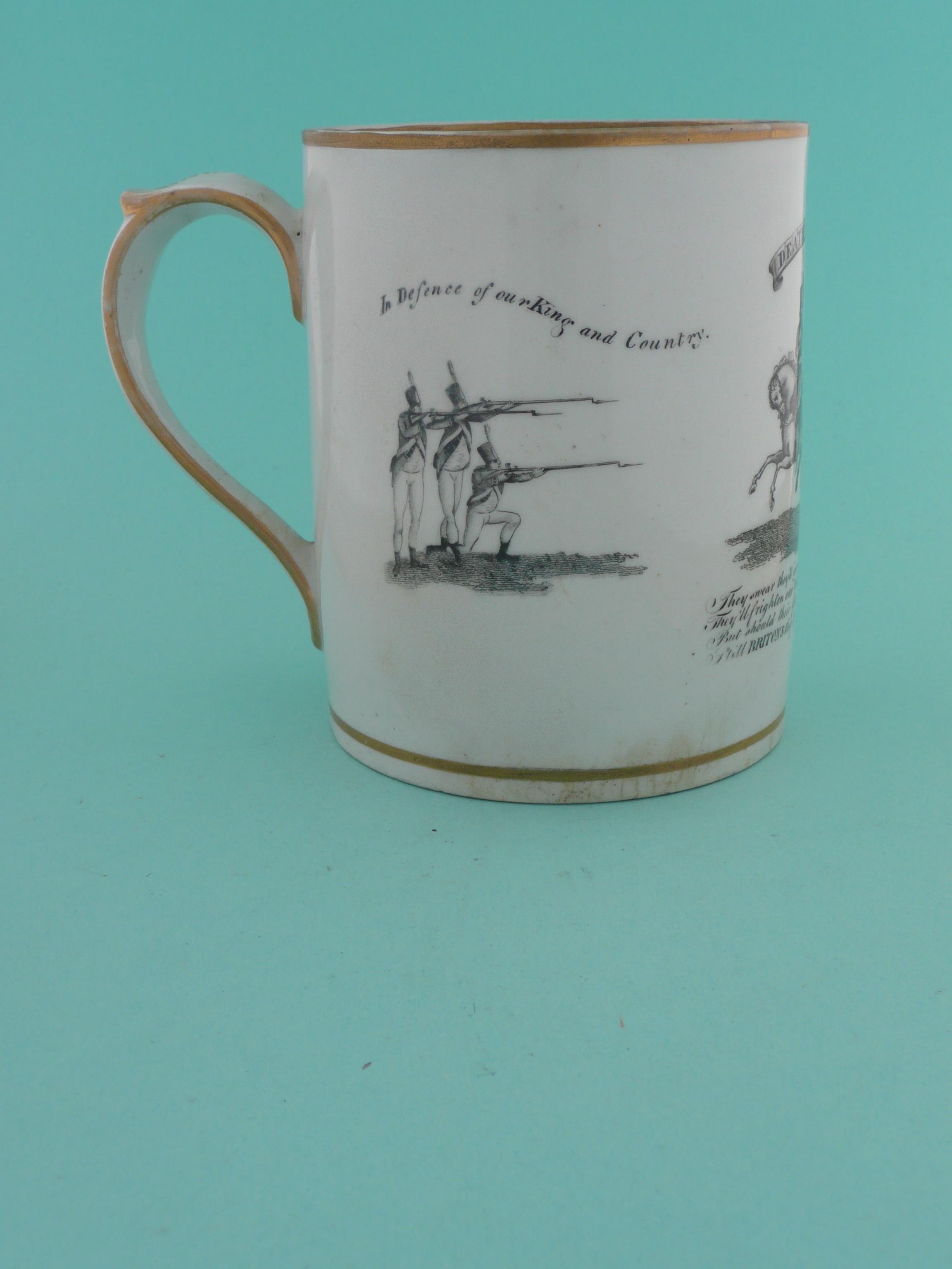 1803 Great Invasion Scare: a porcelain mug banded in gilt, printed in black with scenes of English - Image 3 of 5