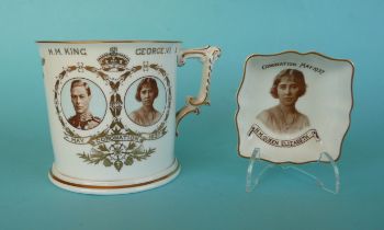 1937 Coronation: a Royal Crown Derby mug with named portraits, 92mm and a quatrelobe dish with