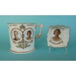 1937 Coronation: a Royal Crown Derby mug with named portraits, 92mm and a quatrelobe dish with