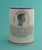 Henry Brougham: a blue banded cylindrical mug printed in black with a named head in profile and