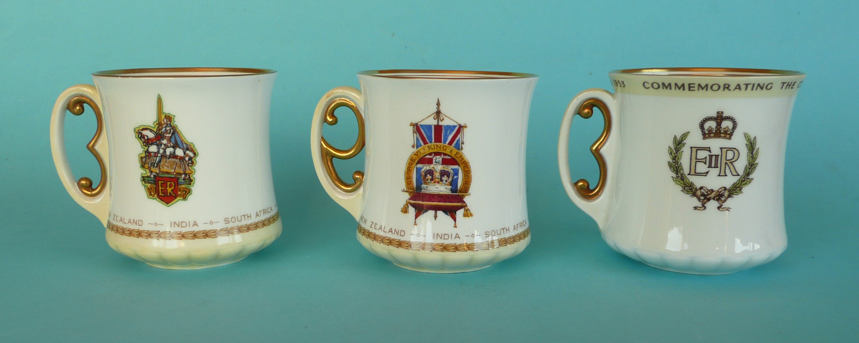 Three Royal Doulton porcelain mugs with initialled handles for Edward VIII, George VI and - Image 2 of 2