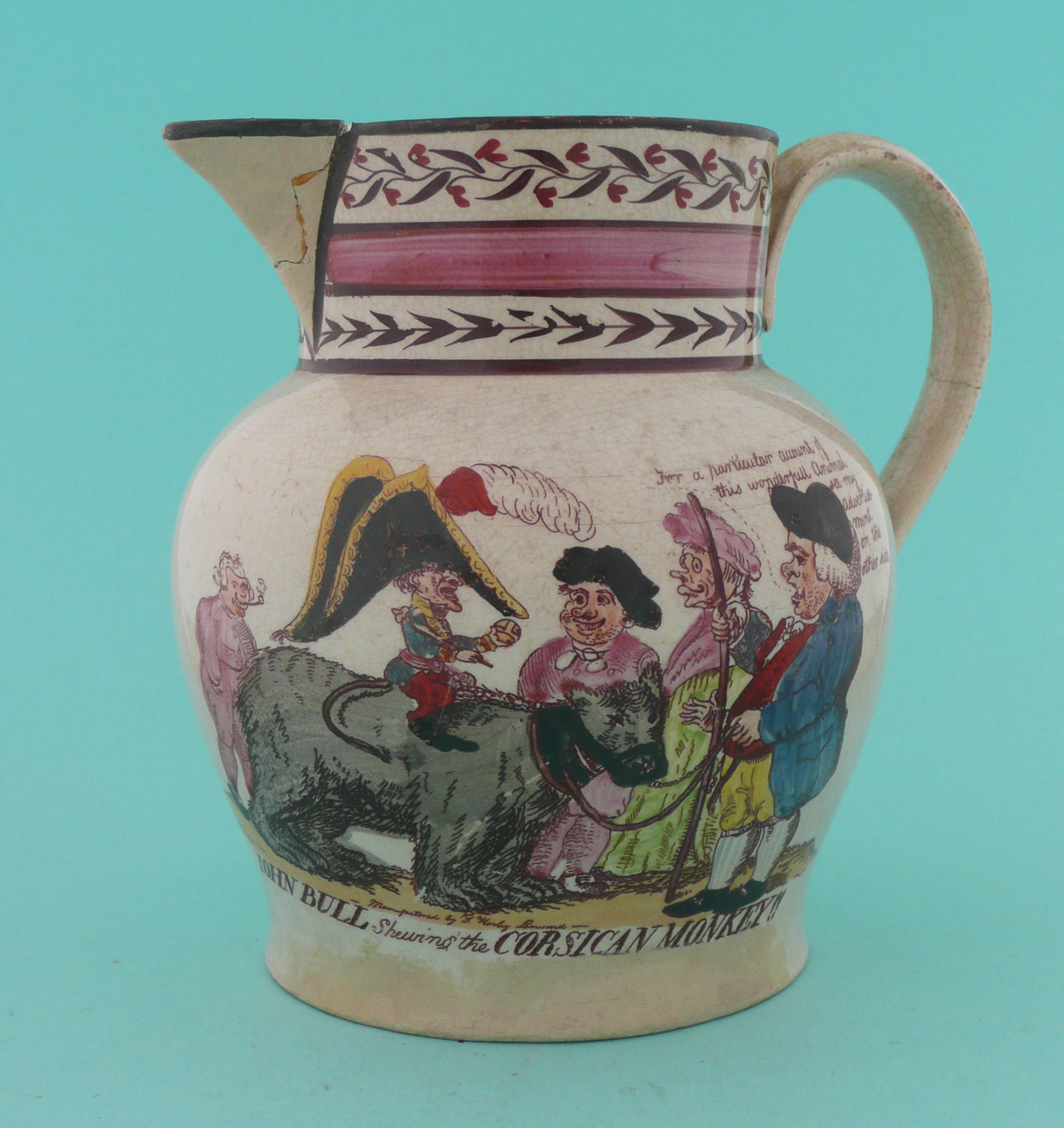 1803 Great Invasion Scare: a colourful pearlware jug decorated with a scene entitled ‘John Bull