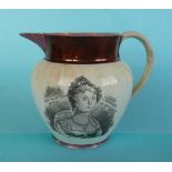 Queen Caroline: an unusual copper and pink lustre banded jug printed with a named portrait and on