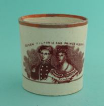1840 Wedding: a good and unusual small pink lustre lined mug printed in brown with portraits,