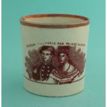 1840 Wedding: a good and unusual small pink lustre lined mug printed in brown with portraits,