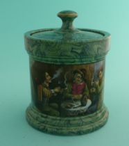 A good malachite ground spill vase: Jolly Topers (406) 118mm. (potlid, pot lid, Prattware,