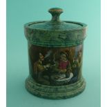 A good malachite ground spill vase: Jolly Topers (406) 118mm. (potlid, pot lid, Prattware,