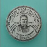 Mrs Ellen Hale’s Celebrated Heal-all Ointment, chips to bullnose and flange. (potlid, pot lid,