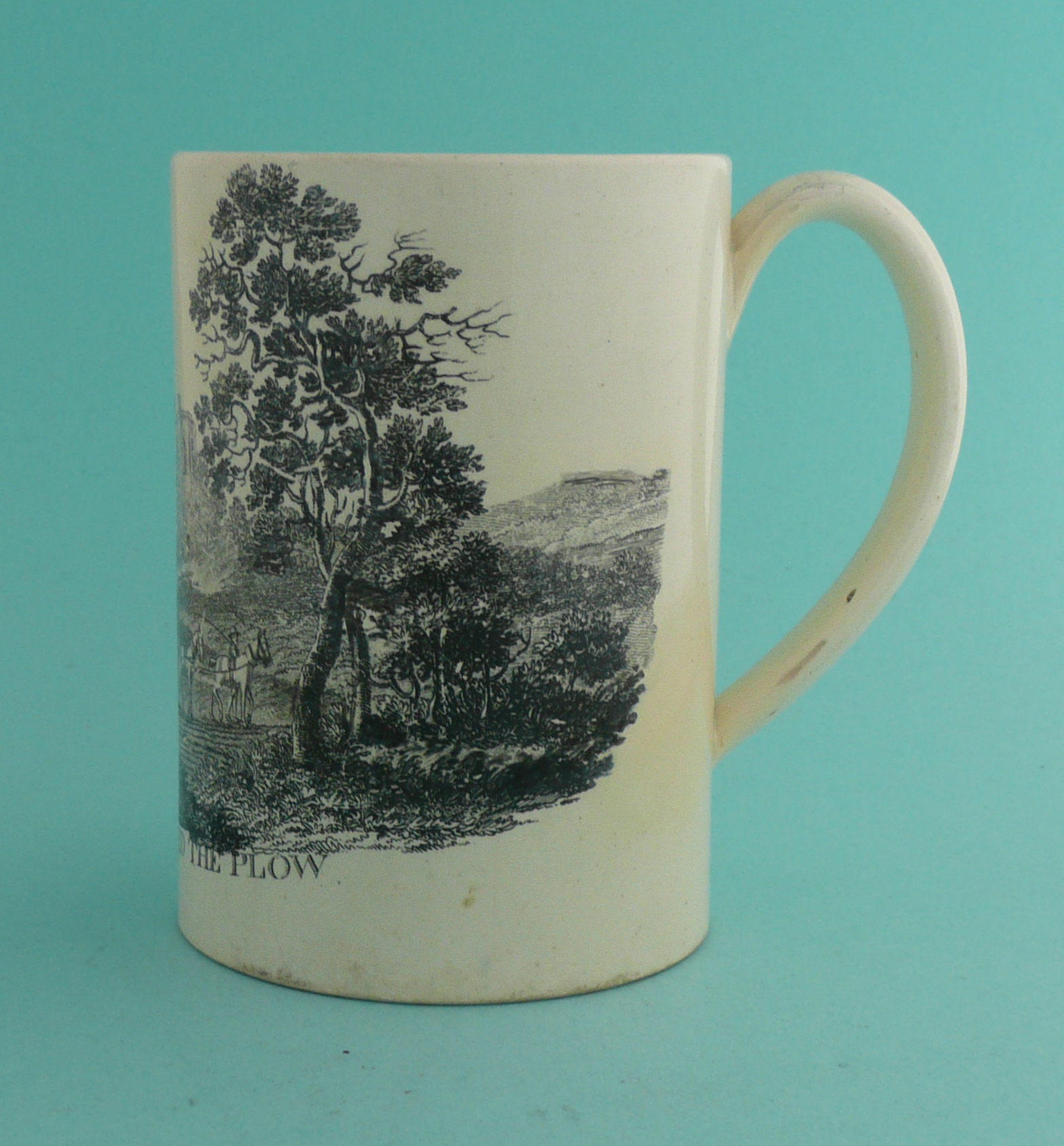 God Speed the Plough: a creamware mug printed in black, circa 1790, 122mm, restored. (commemorative, - Image 2 of 4
