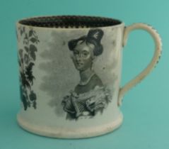 1837/38 Victoria: a pottery mug printed in black with portraits after Hayter centred by name,