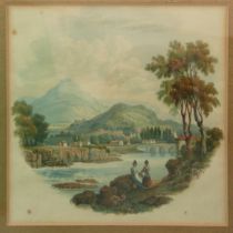 The original watercolour design by Jesse Austin for Landscape and River Scene (416) framed, the