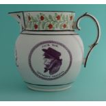 A pearlware jug printed in purple with an invertible profile named Jack Tar and Wapping Landlady, on