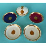 1953 Coronation: a Minton circular bowl and cover and four various similar smaller dishes, 109mm