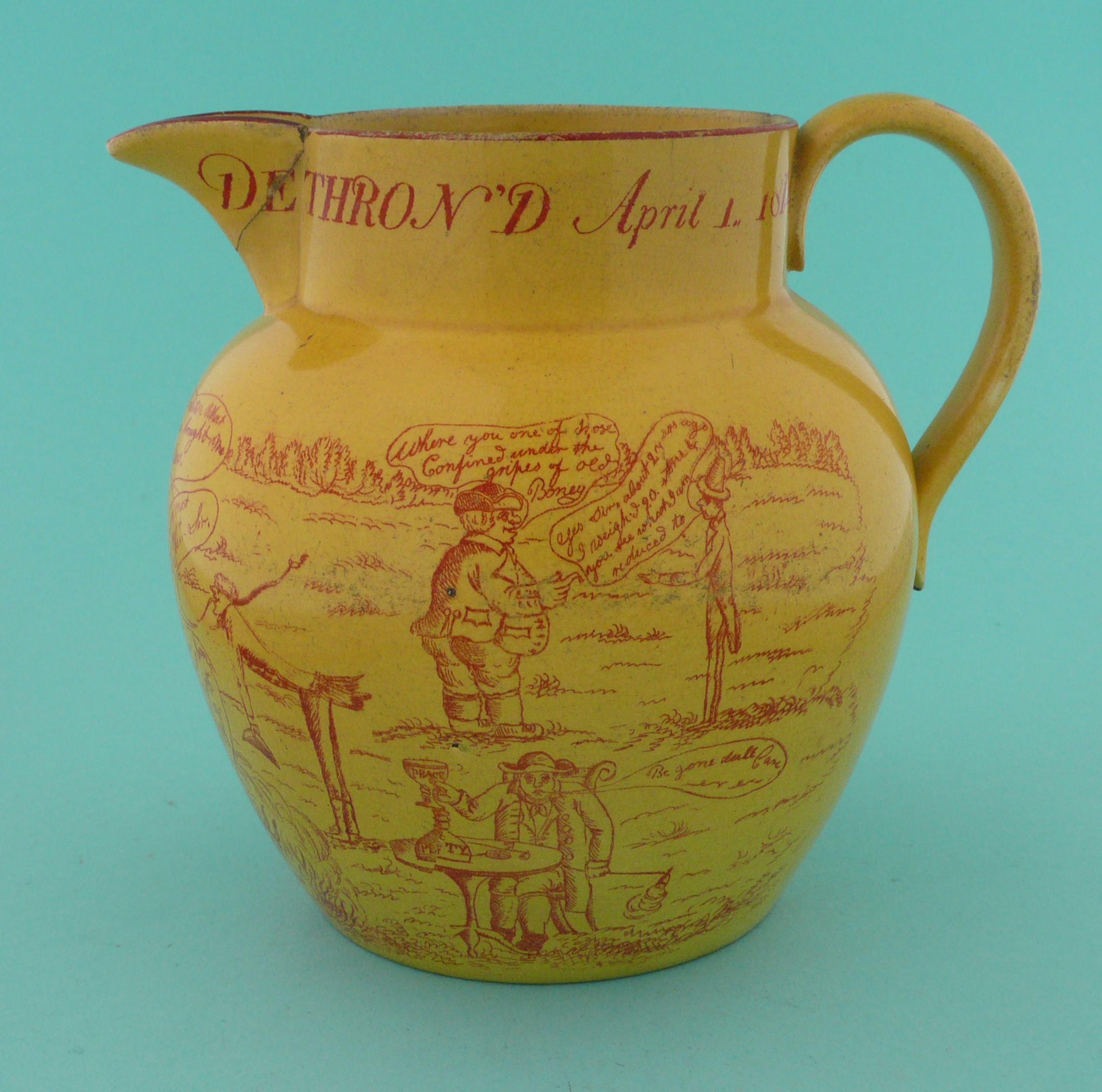 1814 Napoleon’s Abdication: a yellow ground jug printed in rouge-de-fer with an extensive titled