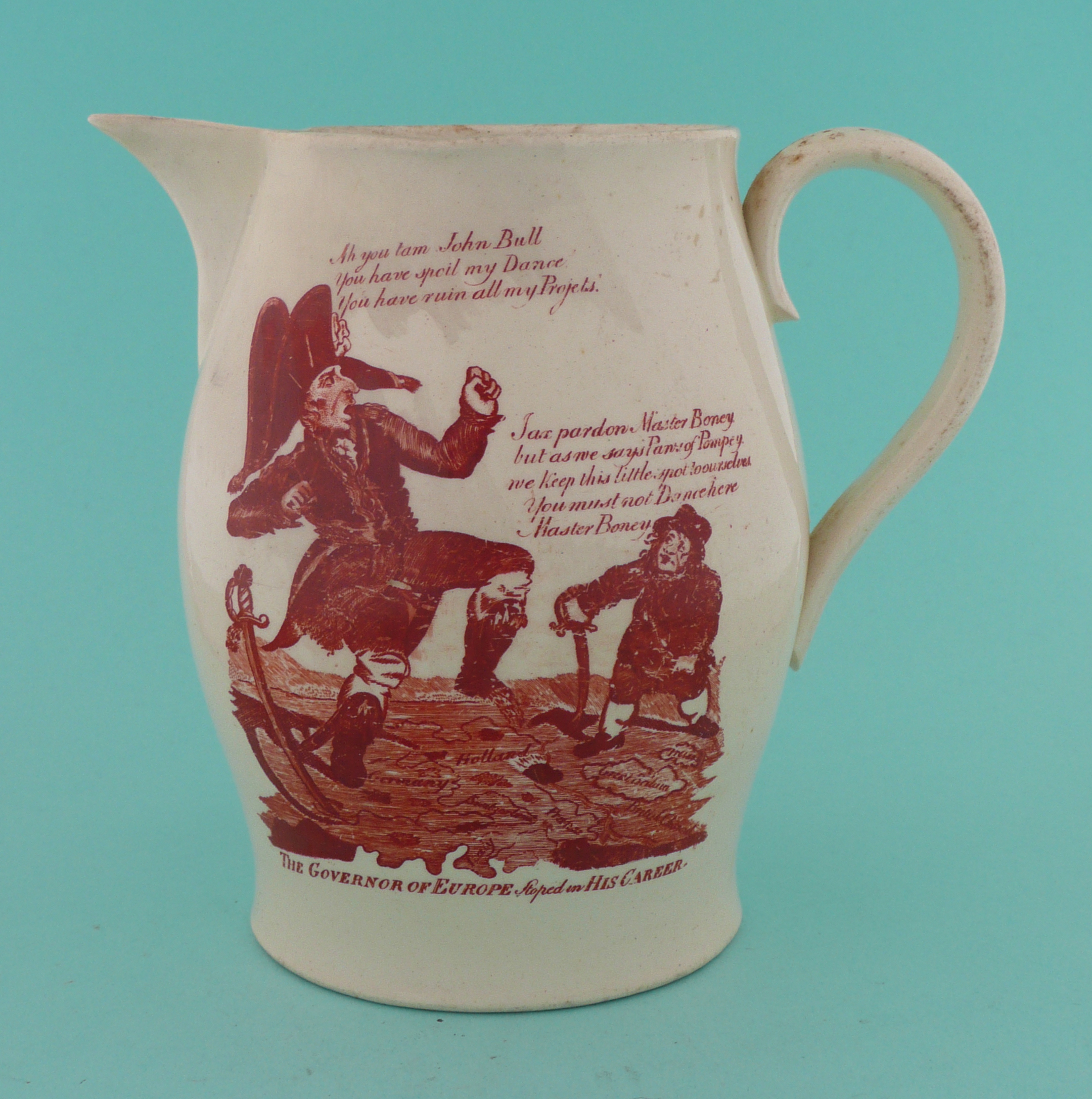 1803 Great Invasion Scare: a creamware jug printed in rouge-de-fer with a satire depicting