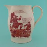 1803 Great Invasion Scare: a creamware jug printed in rouge-de-fer with a satire depicting