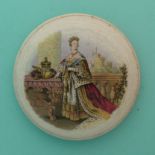 Queen Victoria with Orb and Sceptre (151) medium. (potlid, pot lid, Prattware, Staffordshire).