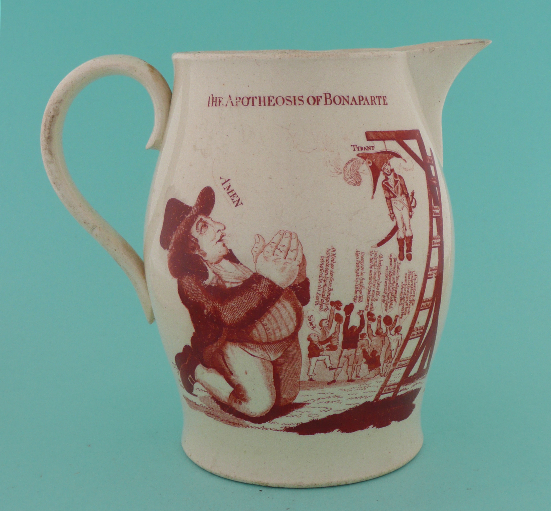 1803 Great Invasion Scare: a creamware jug printed in rouge-de-fer with a satire depicting - Image 2 of 4