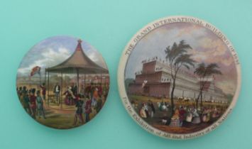 Wimbledon, July 1860 (223) and Grand International Buildings (133) (2). (potlid, pot lid, Prattware,