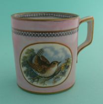 A good small mug: The Goldfinch (301) and The Wren (302) pale pink ground, 85mm. (potlid, pot lid,