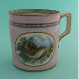 A good small mug: The Goldfinch (301) and The Wren (302) pale pink ground, 85mm. (potlid, pot lid,